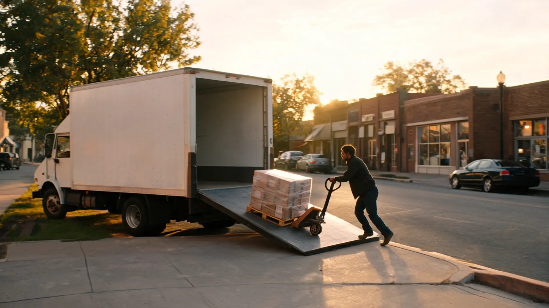 A driver rolls a pallet off a box truck's liftgate at a curbside delivery