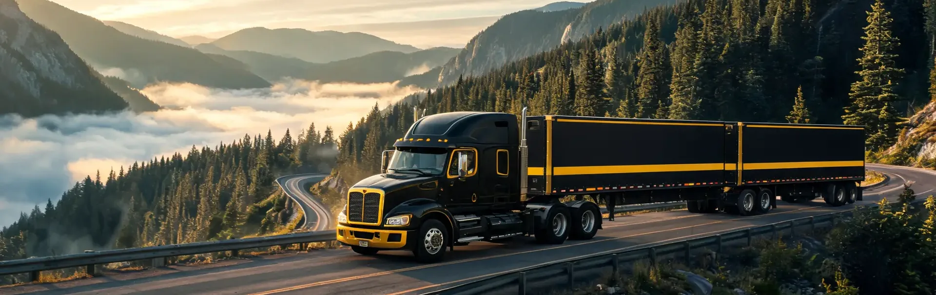 A black and yellow LTL doubles truck on a mountain highway at sunrise